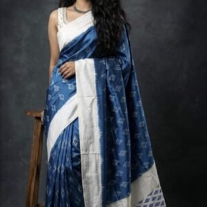 Blue Pochampally silk saree with white ikkat border and ikkat geo metric patterns
