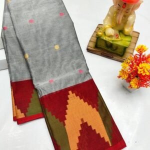 Grey Red Bengali cotton saree