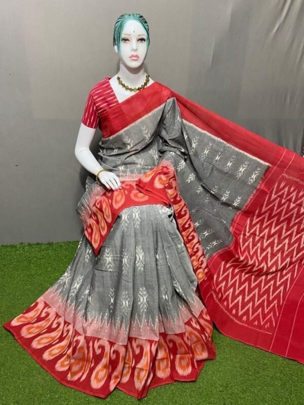 Grey Red Merceized cotton saree (1)