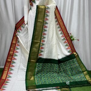 Small motifs of white silk saree, Red and Green border