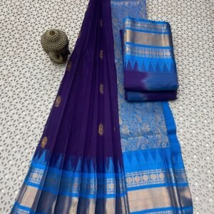 Navy Blue Sky Blue Mangalgiri cotton saree