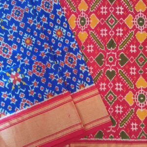 blue Pochampally silk saree with red tissue border and ikat patola design pallu
