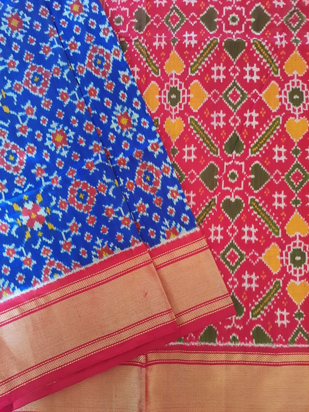 blue Pochampally silk saree with red tissue border and ikat patola design pallu