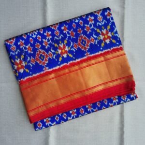 Blue Pochampally silk saree with red tissue border