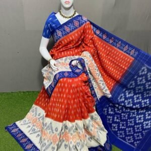 Red Blue Merceized cotton saree