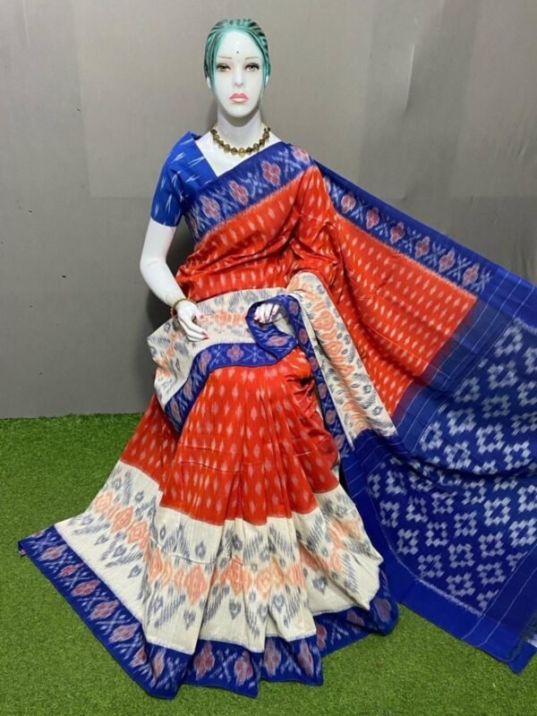 Red Blue Merceized cotton saree