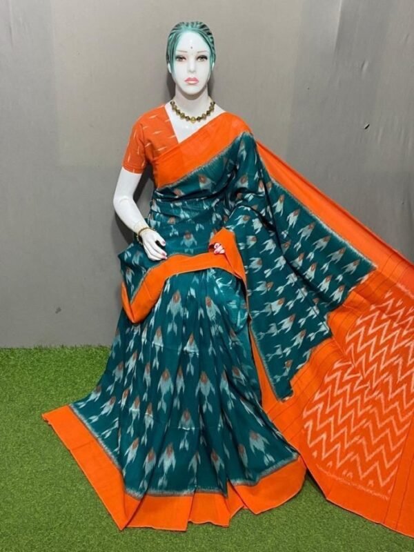 Sea Green Orange Merceized cotton saree