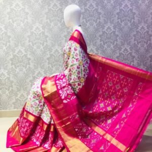 White Pink Double Ikkat Saree