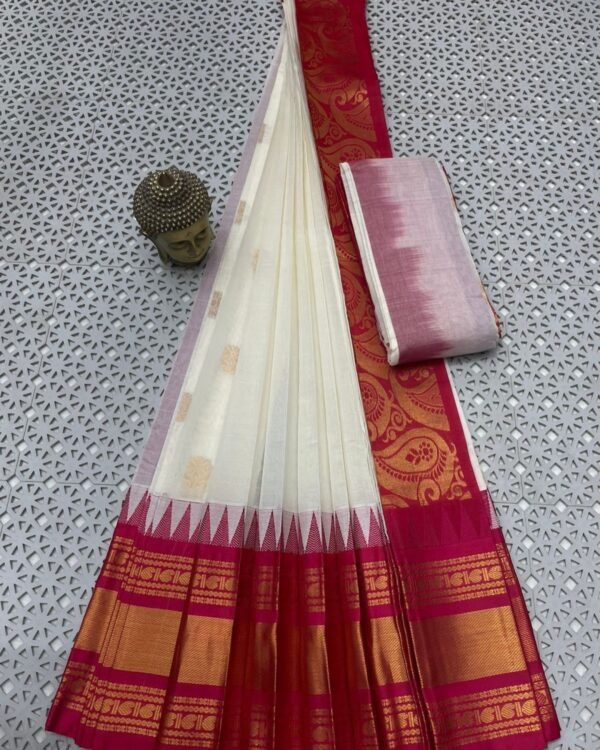 White Red Mangalgiri cotton saree