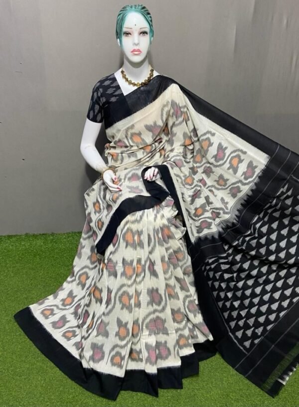 Black And White Ikkat Cotton Saree