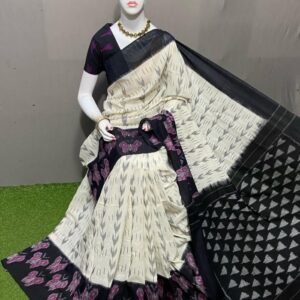 Black & White Butterfly Ikkat Cotton Saree