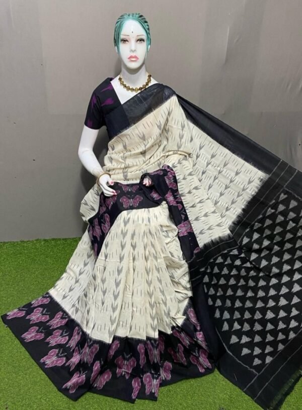 Black & White Butterfly Ikkat Cotton Saree