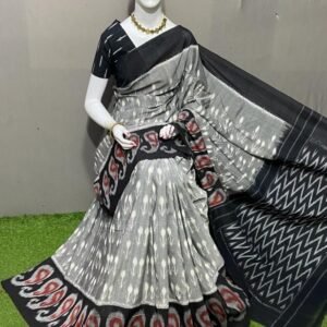 Grey Black Ikkat Cotton Saree