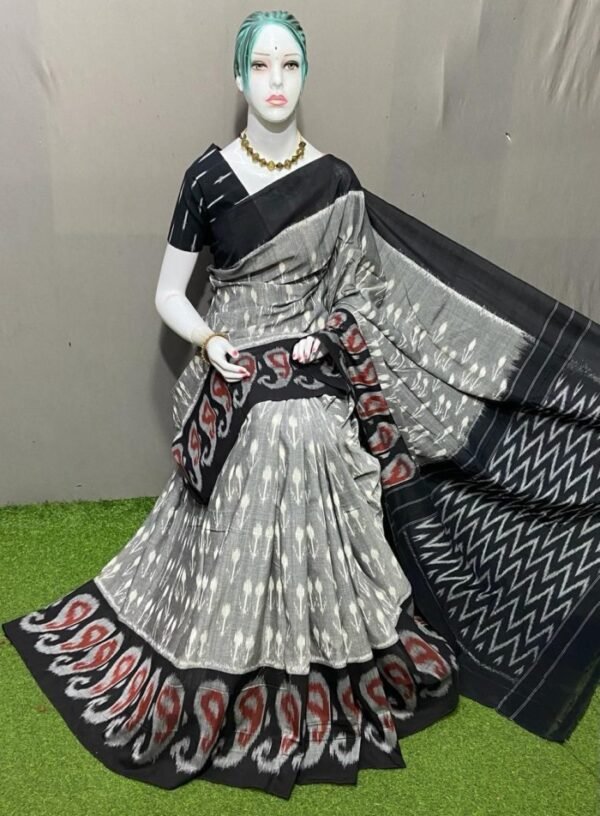 Grey Black Ikkat Cotton Saree