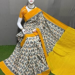 Grey Yellow Ikkat Cotton Saree