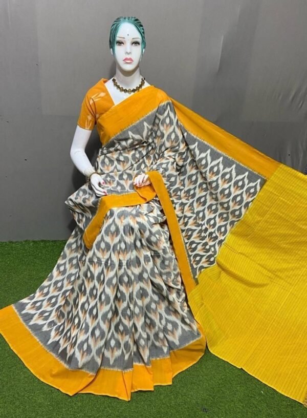 Grey Yellow Ikkat Cotton Saree