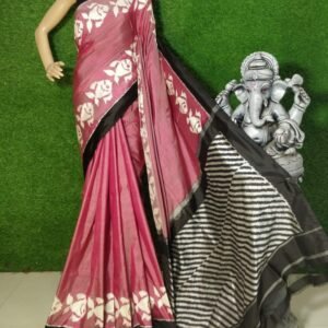 twill ikkat saree pink and black border