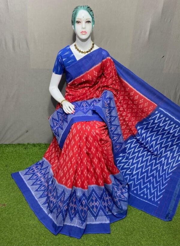 Red Blue Ikkat Cotton Saree