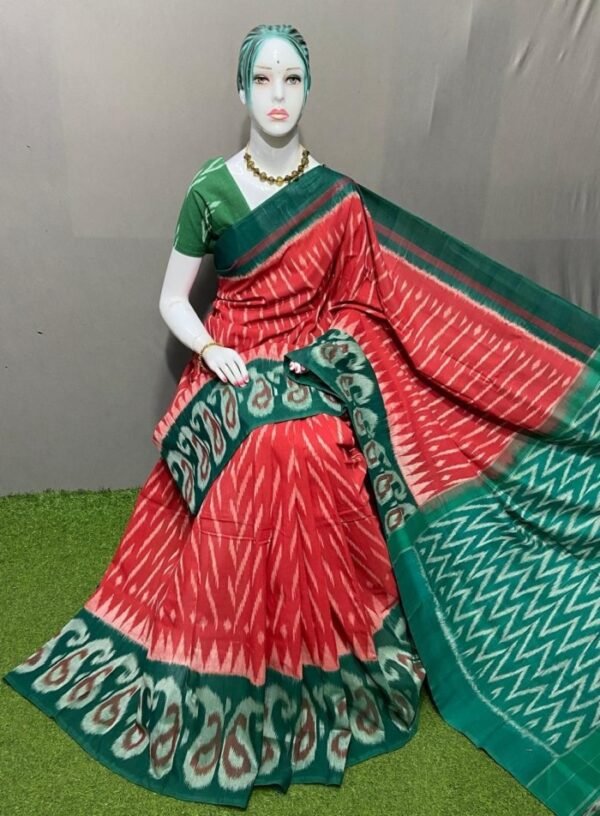 Red Green Ikkat Cotton Saree