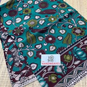 Sea Blue Maroon Kalamkari cotton saree