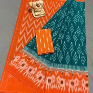 Sea Green Orange Mercerized Cotton Saree