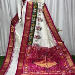 White Pochampally Ikkat Silk Saree Elephant Design