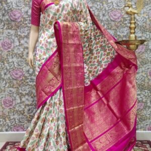 White Pink Kanchi Border Saree