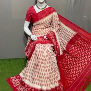 White Red Ikkat Cotton Saree