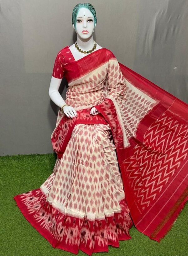 White Red Ikkat Cotton Saree