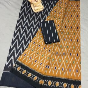 Yellow Navy Blue Mercerized Cotton saree