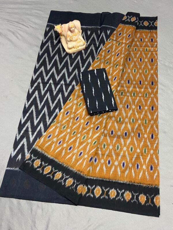 Yellow Navy Blue Mercerized Cotton saree