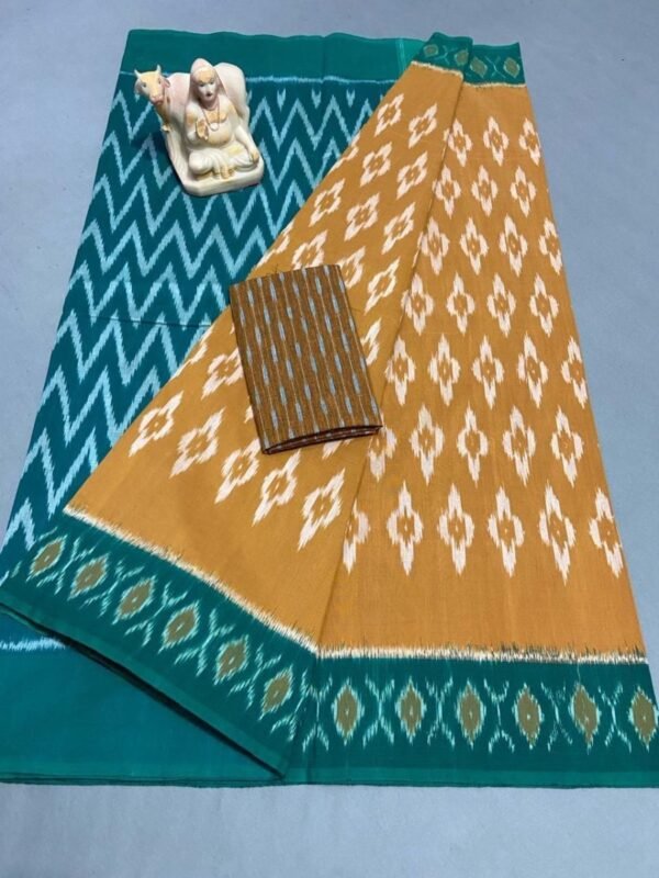 Yellow Sea blue Mercerized Cotton Saree