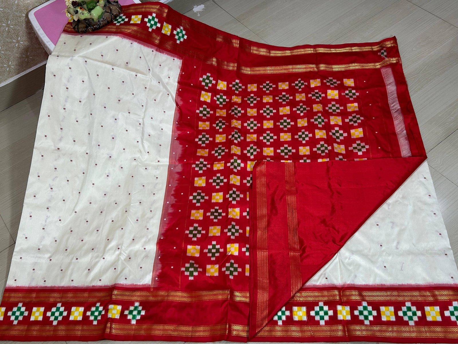 White Silk Ikkat Saree With Red Border