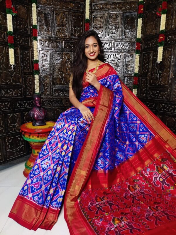 Blue Red Patola Ikkat saree