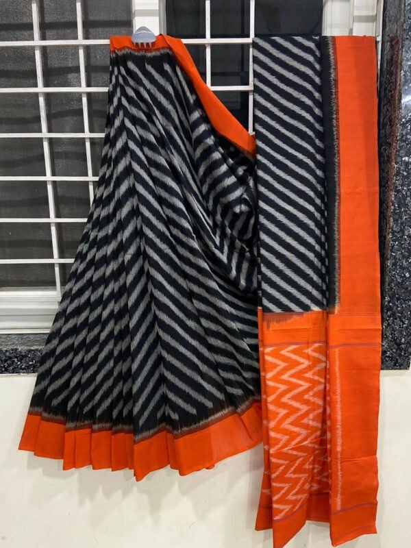Pure Pochampally Black Cotton Saree With Orange Border - Image 2