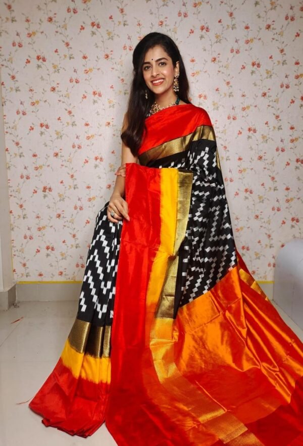 Pochampally twill ikkat saree with black & multi color border