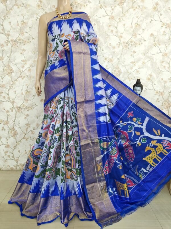 Blue Digital Floral Print Design Pochampally Saree 2