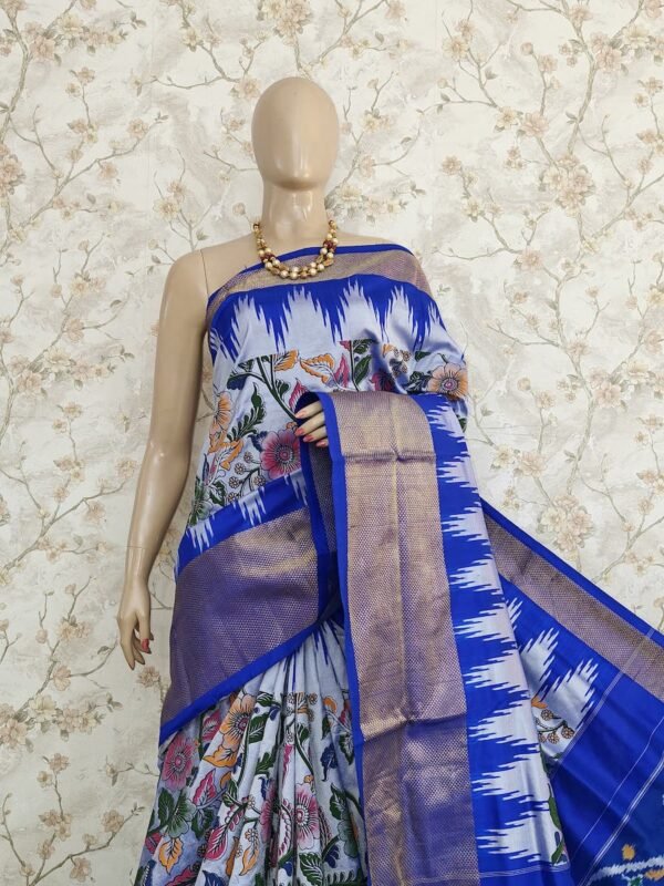 Blue Digital Floral Print Design Pochampally Saree