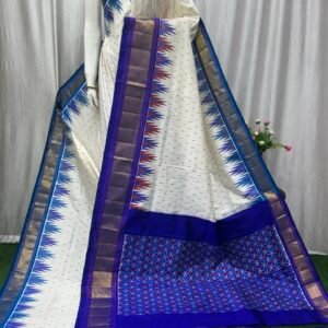 white body and blue border ikat silk saree