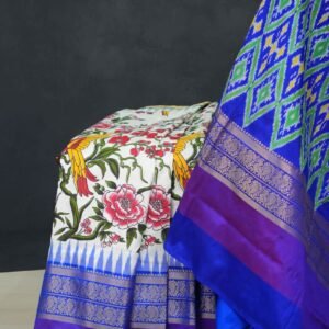 Blue White Ikkat Silk Saree