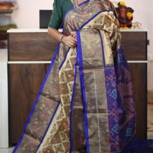 Cream Blue Pochampally Seiko Saree