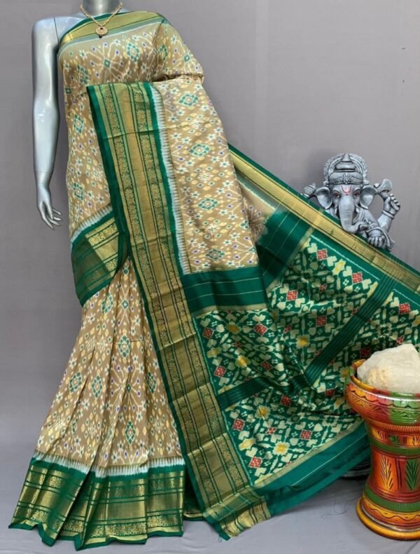 Cream Green Ikkat Kanchi Saree