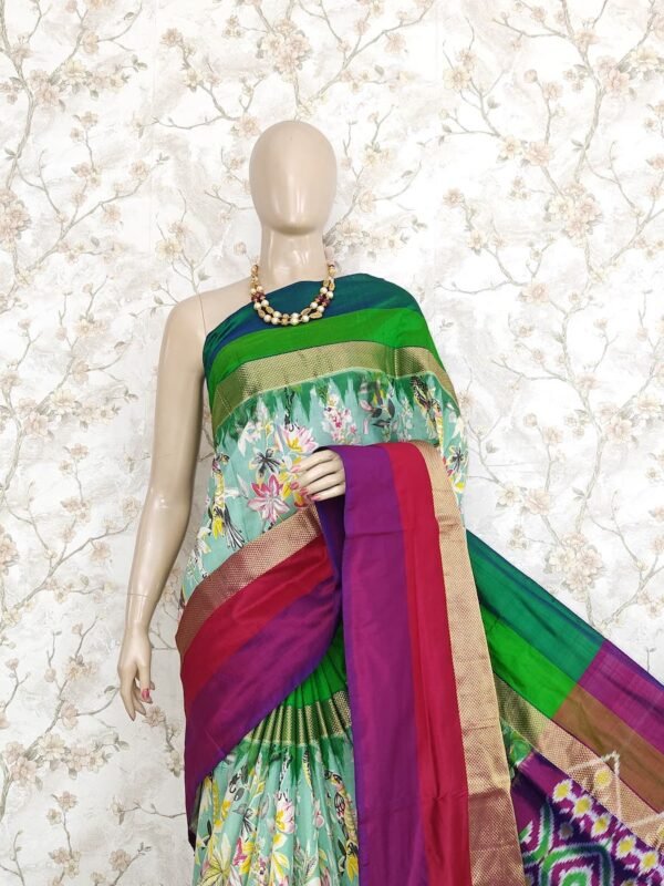 Green Digital Floral Print Design Ikat Silk Saree 2