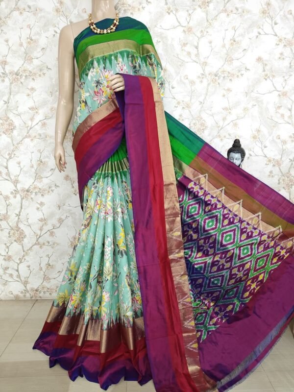 Green Digital Floral Print Design Ikat Silk Saree