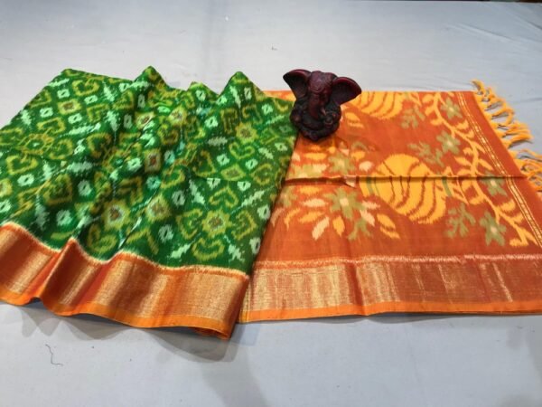 dark Green body & Orange pallu Ikat Sico