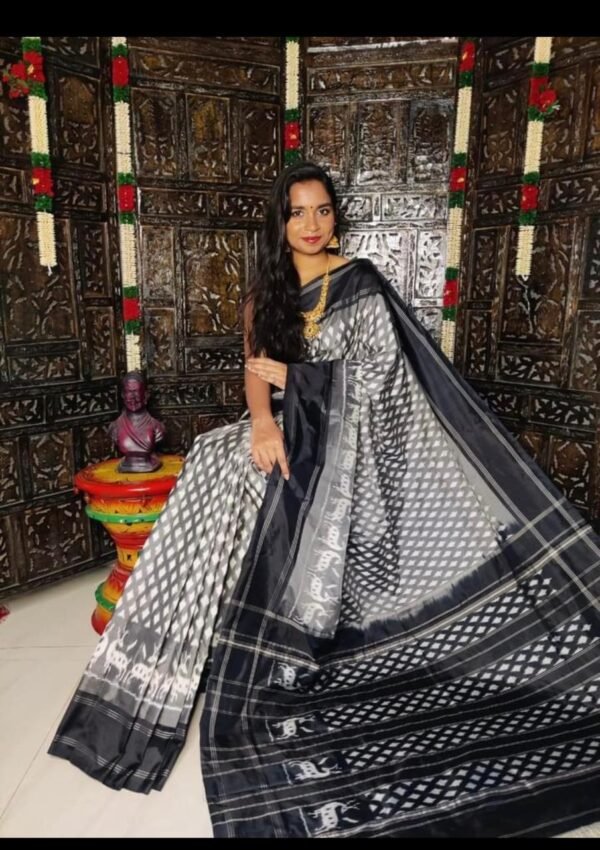 Grey Black Ikat Pattu Saree