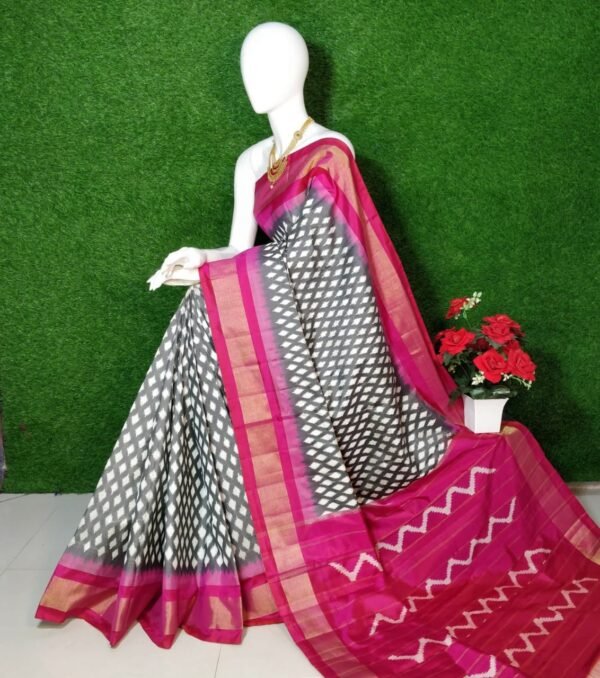 Grey Pink Ikat Pattu Saree