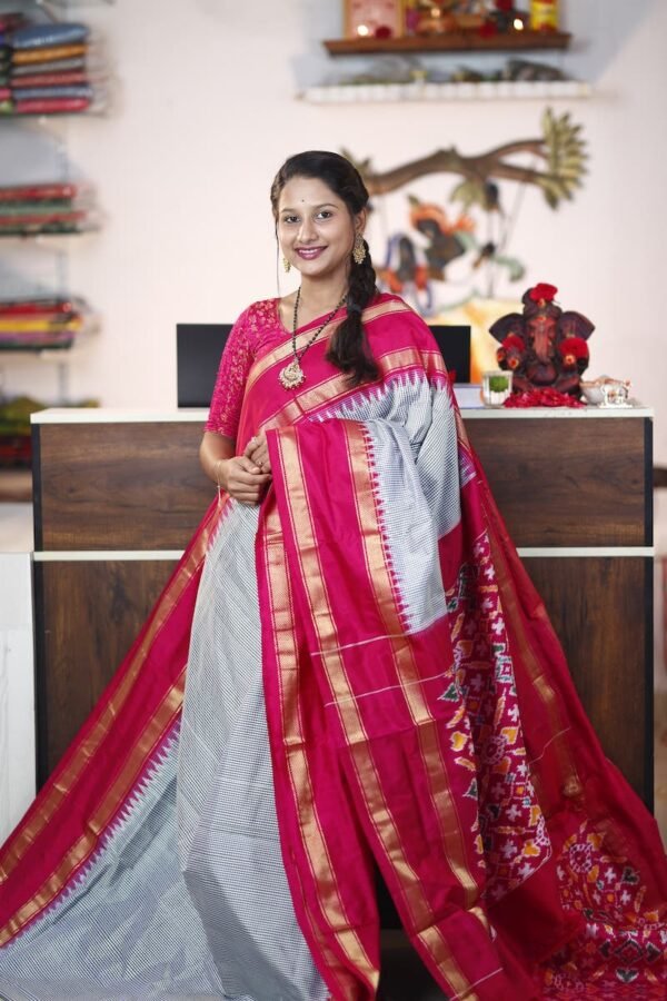 Grey Pink Ikkat Pattu Saree