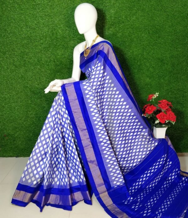 Grey Sky Blue Ikat Pattu Saree