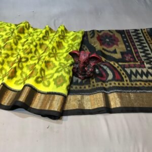 Lemon Yellow Black ikkat Sico Saree with flower design